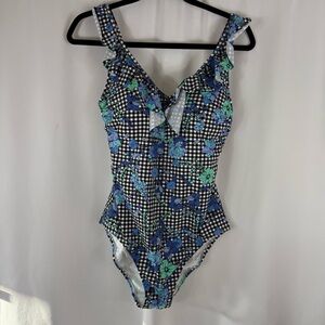 Lands' End Blue Floral Checkered one piece Swimsuit size: 10
